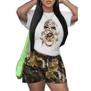 Fitness de fitness estampado elegante conjunto de mulheres de manga curta e shorts ternos 2024 Summer casual Hip Hop Tracksuits