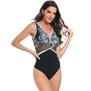 Women's Swimwear V-neck Sleeveless Monokini Printed Swimsuit Stylish Retro One-piece With Wireless Printing For Beach