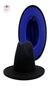 青い底のパッチワークパナマウールフェルトフェドーラ帽子の女性男性男性ワイドブリムパーティーカウボーイトリルビーギャンブラーhat9642034