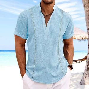 Mens Cotton Linen Henley Shirt Hippie Outfits Loose Short Sleeve Top Casual Wear Beach Clothes T Shirts Cuban Collar Top Formal Wear Active Shirt blouse black white