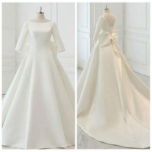 2020 Simple Satin Wedding Dresses 3 4 Long Sleeves Bow Lace Up Back Cathedral Train Wedding Gown Custom Made Vestido de novia 318I