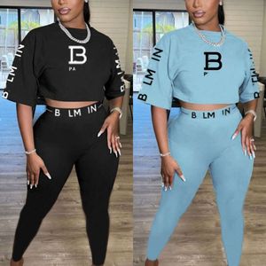 Summer och Spring Tracksuit Women Designer Tvåverk Set Womens Fashion Letter Printing Tight Short Sleeve Top och Long Pants Woman Leging Sports Wear Outfit