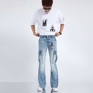 Nowa projektant modna marki Biker Street American American Multi Pocket Straight Leg Men Hip Hop Jeans Męskie dżinsy dla mężczyzn spodnie Blue Jeans Men Mode High Street Spodnie