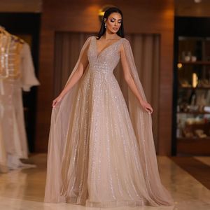 2024 Luxury Champagne Dubai Evening Dresses with Cape Sleeve Elegant Arabic Nude Prom Formal Gown for Women Robe De Soiree Customed