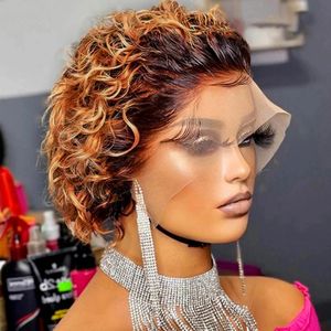 Pixie Cut парик 1b 30 коричневый цвет кружево парик Spring Curl Короткий боб человеческий парик для женщин для женщин натуральный цвет светло -бордовый цвет remy