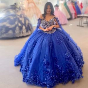 Glitter quinceanera elbiseler kraliyet mavisi tatlı 15 önlük sarar kol 3d çiçek vestidos 16 balo parti giyiyor 0516