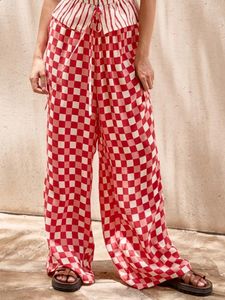 Women's Pants 2024 Fashion Women Wide Leg Casual Sun/Checkerboard Print Loose Elastic Waist Trousers For Work Office Streetwear