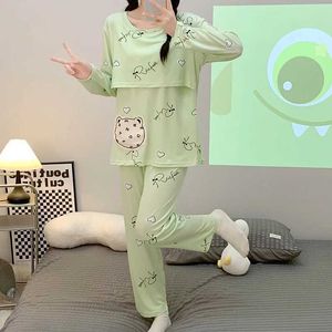 Sleep Lounge Postpartum Womens Lotion Pyjamas kostym Automatisk vård Casual Kläder Tecknad gravida kvinnor Amning Blus D240517