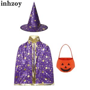 Cosplay Childrens and Girls Halloween Witch Cloak Cape Hat Pumpkin Bag Set Role Playing Performance Performance Costume Setl2405