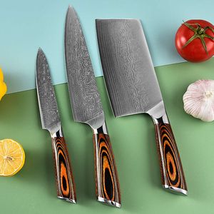 Damascus Laser Patterned Stainless Steel Three Piece Kitchen Chef Versatile Knife Gift Cutting Tool Set