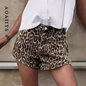Aoaiiys leopard tryck kort denim byxor casual knapp vintage tappade dragkedjor kvinnliga shorts sommaren y2k streetwear 240510