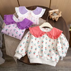 Flickor tröjor trycker blommor t-shirts för barn långärmad barn blus avslappnad småbarn tees 2023 Autumn Winter Baby Outfits L2405