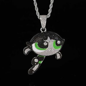 Pendant Necklaces Fashionable Glass Cartoon Jewelry AAAA CZ Sparkling Ice Pink/Blue/Green Girl Necklace Childrens Cartoon Hip Hop Necklace J240513