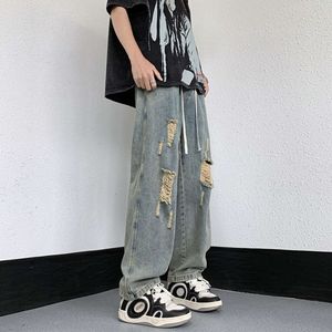 Fenggao Street Vibe ripped jeans for men's summer hip-hop pants, American trendy brand ruffian handsome straight leg pants M516 40