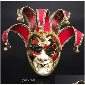 أقنعة الحفلات الوجه للرجال نساء في البندقية مسرح Jester Joker Masquerade قناع مع Bells Mardi Gras Ball Halloween رأس السنة عيد الميلاد المسيح Dhrvf