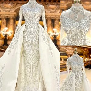 Lyx en linje bröllopsklänning för kvinnor hög krage långa ärmar brudklänning kristall löstagbara tågklänningar skräddarsydda vestidos de novia