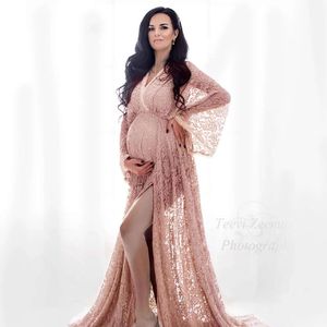 Spets Boho Maternity Photography Dresses Sexig V-ringning Chiffong Graviditet Baby Duschar klär gravida kvinnor Fotografklänningar