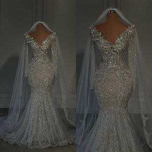 Glitter V Neck Wedding Dresses Crystal Mermaid Bridal Gowns Sequins Beading Sweep Train Long Sleeve Custom Made Bride Dress Plus Size