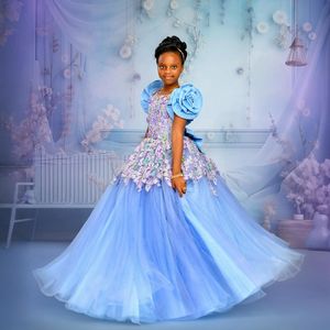 2024 Blue Flower Girl Dresses 여자 생일 파티 드레스 캡 소매 계층 얇은 색의 아플리케이드 레이스 레이스 퀸 프린세스 가운 아프리카 흑인 소녀 F119