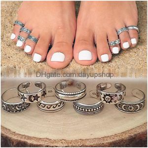 Toe Rings Retro Hollow Carved Star Moon Adjustable Opening Finger Ring For Women Boho Beach Foot Jewelry Drop Delivery Otaq4