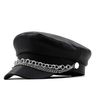 Berets Women Ladies Autumn Winter Beret Hat Pu Leather British Style Flat Top Openal Cap قابلة للتعديل القبعة الإناث B240516