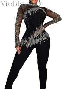 Tute da donna Rompers Mesh decorazione strass decorazione solida Slve Slve Skinny Salt -turist T240515