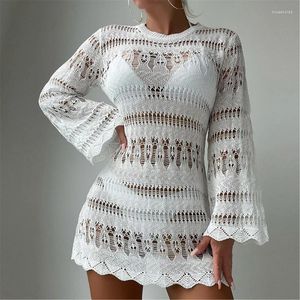 Manga longa Crochet praia encobrir um vestido de maiô de maiô