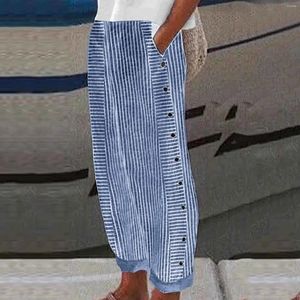 Women's Pants Women Summer Casual Boho Striped Print Button Loose Cropped Female High Waist Straight Trousers With Pockets