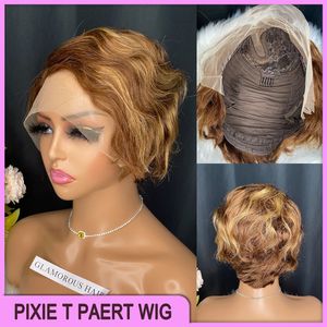 Vonder Price Peruansk indisk brasiliansk P4/27 100% Raw Virgin Remy Human Hair Wave Pixie Curly Cut T Part Wig P19