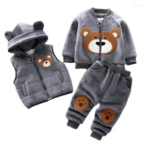 Clothing Sets Hooded Vest Sweater Pants 3Pcs Suit Winter Warm Velvet Plush Lining Kid Toddler Boys Girls Bow Autumn Cartoon Bear Gray