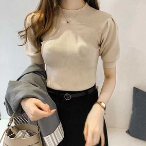 Women's Blouses Shirts Fashion Summer Puff Slve Knitted Blouses Spring Half Turtleneck T-shirts Slim Elegant Shirt Solid Clothing Y240510