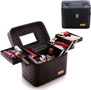 Förvaringslådor Makeup Case With Mirror Large Travel Bag Organizer For Women Waterproof Portable Make Up 4 Drawer Tray Divider