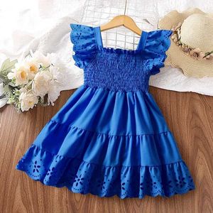 Girl's Dresses Girls lace dress with pleated sleeves 2024 holiday childrens dress princess birthday party royal blue dress 2-6 year old childrens casual clothing WX