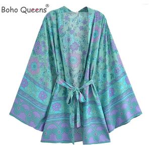 Boho Queens Women Green Floral Print Bat Sleeve Beach Bohemian Kimono Dresses Ladies V Neck Rayon Short Robe Bikini Cover-up