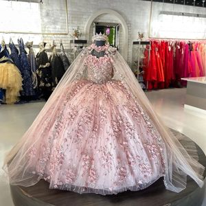 Sparkly Quinceanera klänningar med wrap 3d blommorapplikationer Sweet 16 klänning glitter prinsessa tonåring flickor tävling vestidos de 15 anos