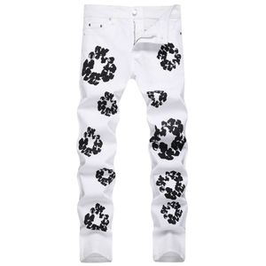 Men's Jeans European and American Strt Jeans for Men Straight Leg Flame Printed White Pants Harajuku Trousers T240515