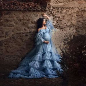 Pearl Tulle Maternity Dress for Photoshoot Lång puffy ärm från axel Babyshower brudgraviditetsklänningar