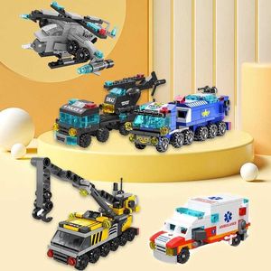 Block 6in1 Byggnadsblock Urban Fire Truck Engineering Crane Tank Helicopter Police Car Building Block Set Childrens Toys WX