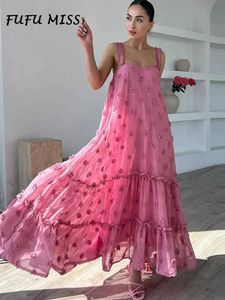 Grundläggande avslappnade klänningar Elegant Loose Sling Long Dress Women Floral Ruffles Slveless Beach Dresses 2024 Spring Summer 3D Print Party Evening Lady Robe Y240515