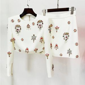JAMERARY Runway Fashion Diamonds Crystal Beaded Two Piece Women Sets Jackets Coats White Mini Short Skirts Suits Holiday Dress 240426