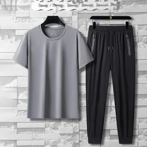 Running Sets Summer High Quality Ice Silk Men Short Sleeves Long Pants Set Thin Casual Tie Feet Straight Leg Sports Fitness Two Piece