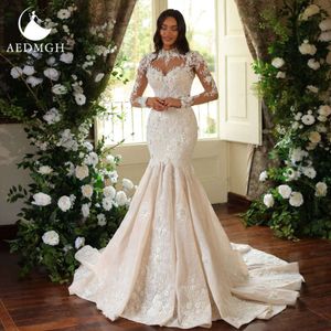 Aedmgh Mermaid Wedding Dresses 2024 High Neck Long Sleeve Elegant Vestido Novia Appliques Court Train mantel Robe de Mariee