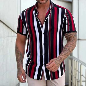 남성 티셔츠 남성 짧은 슬리브 칼라 스트라이프 인쇄 버튼 업 셔츠 여름 레저 휴가 편안하고 소프트 하와이 Q240515