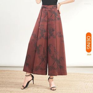 Women's Pants Bamboo Print High Waist Wide Leg Skirt 2024 Summer Vintage Chinese Style Loose Elegant A-line Casual Trousers 4XL 8733