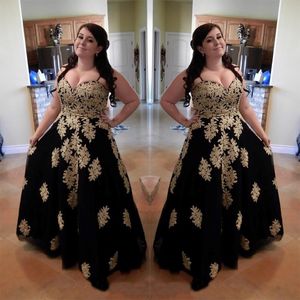 Black With Gold Lace Applique Plus size Prom Evening Dresses Special Ocassion Dresses Gowns Sweetheart A line Tulle Corset Back SD3373 230q