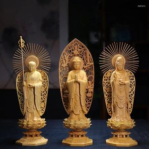 装飾的な置物Boxwood 28cm Three Buddha Sculpture Shakyamuni Wood Carving Guanyin Ksitigarbha Statue Feng Shui装飾