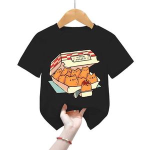 Tシャツ子猫ナゲッツファーストフード猫Tシャツ女の子ハラジュクTシャツチルドレンファッションTシャツ楽しいグラフィックトップカートゥーンボーイズ衣料品L240502