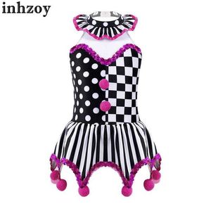 Dancewear Kids Girls Circus Clown Costume Halter Neck Plaid Polka Dots Print Sequins Tutu Dress for Carnival Halloween Cosplay PartyL2405