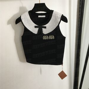 Rhinestone Letter Knit Tank Vest Women T Shirts Bow Doll Neck Knits Tees Fashion Sticked Vests Tops Sleeveless Pullover