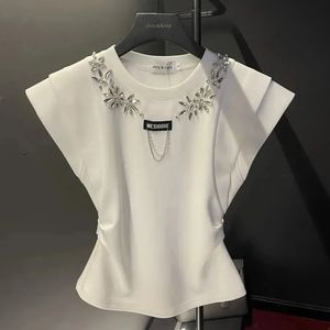 女性のためのシックなトップファッションカジュアル刺繍フレアバットウィングスリーブTシャツ夏Y2Kラグジュアリー韓国スタイルの服女性240515